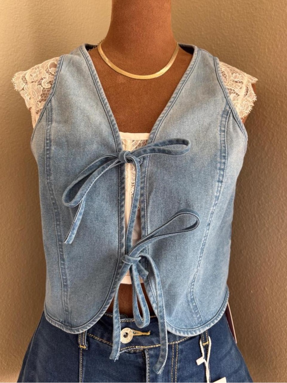 NWT Y2K inspired Blue denim vest with tie front detail in size S.